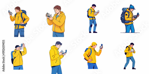 Hiker and traveler characters using a compass for navigation and orientation during outdoor adventures, isolated vector illustration set.
