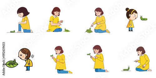 A young girl's fascination and observation of a green caterpillar, illustrating childhood curiosity, nature study, and insect interaction in various poses.