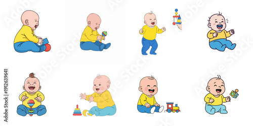 Collection of vector illustrations showing cheerful babies sitting and happily playing with educational toys like blocks, rattles, and trains on a white background.