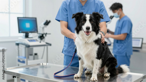 Healthy Border Collie dog calmly sits on a veterinary examination table, receiving attentive professional care from a medical team in a modern animal clinic