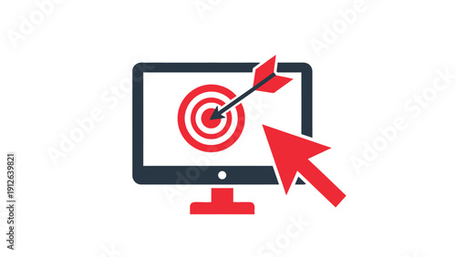 Target Marketing and Digital Success Icon. Computer Monitor Displaying Bullseye Hit by Arrow, Representing Online Goals and Strategy Achievement.