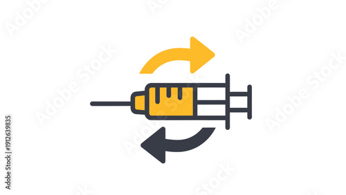 Vaccine or Injection Renewal Cycle Icon. Syringe with Rotating Arrows Symbolizing Booster Shot, Treatment Update, Re-immunization, or Repetition.