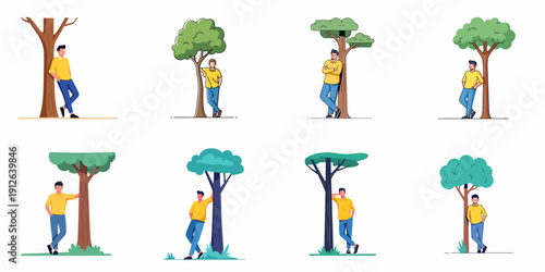 Collection of illustrations featuring a relaxed young man in casual wear leaning against various stylized trees, representing nature, leisure, and outdoor relaxation.