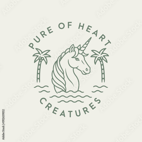 A whimsical unicorn emerges from the water between palm trees.