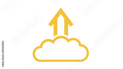 Cloud Upload Icon Vector. Yellow Arrow Rising from Cloud Symbolizing Data Storage, Backup, Digital Transfer, and Server Synchronization Technology.