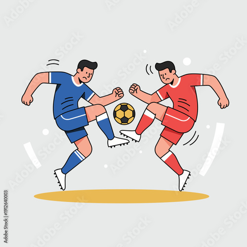 Two soccer players competing for the ball in mid-air kick