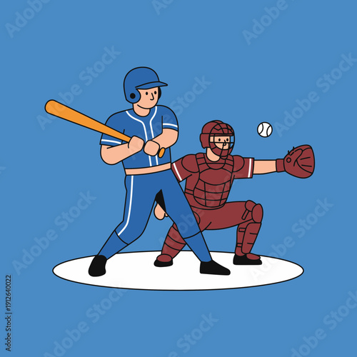 Baseball player hitting ball with catcher in action