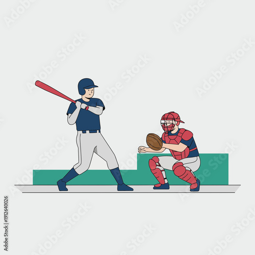 Baseball player swinging bat with catcher ready behind