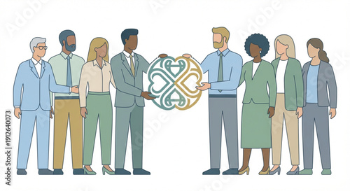 A diverse group of business professionals collaborating and forming a partnership, holding a symbolic heart-shaped emblem representing unity and connection.