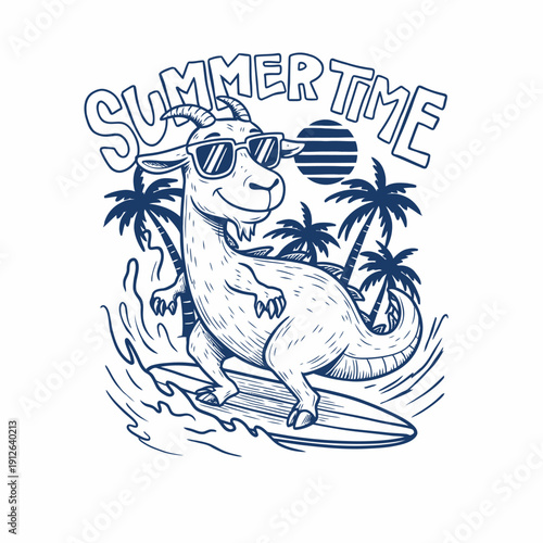 Goat Surfing on a Surfboard with Sunglasses and Palm Trees.