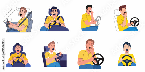 Set of illustrations depicting male drivers experiencing extreme fatigue, yawning, screaming, and stress behind the wheel, highlighting dangers of drowsy driving.