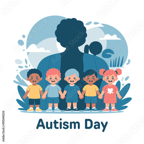 A supportive adult figure stands behind a group of diverse children holding hands representing autism awareness
