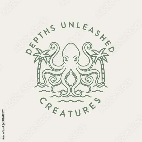 Minimalist Octopus with Palm Trees and Waves Logo Design.