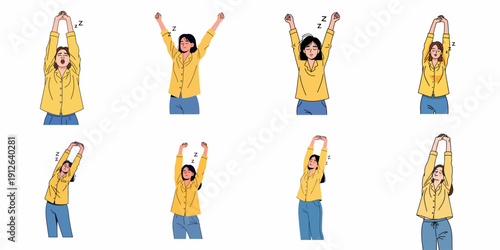Woman waking up and stretching poses set. Collection of eight illustrations depicting morning routine, sleepiness, yawning, and relaxation in yellow pajamas.