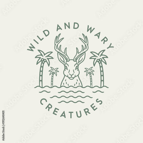 Wild and Wary Creatures Jackalope with Palm Trees Logo.