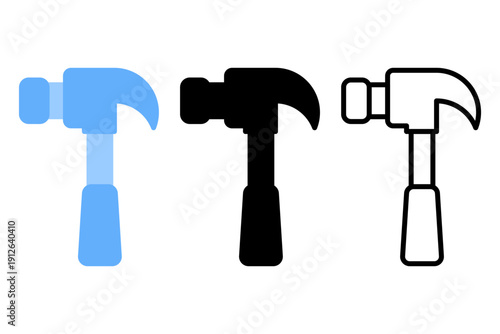 Hammer icon set in three distinct styles: blue flat design, solid black glyph, and minimalist line art. Claw hammer illustration for construction, woodworking, and home repair