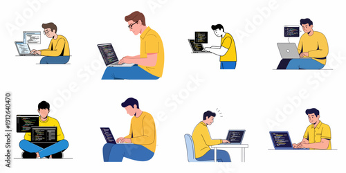 Vector set of male software developers and programmers working on laptops, coding, and debugging applications, illustrating IT work and remote technology jobs.