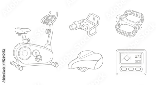 Exercise Bike Components and Display: Stationary Bicycle Parts, Saddle, Pedals, Console