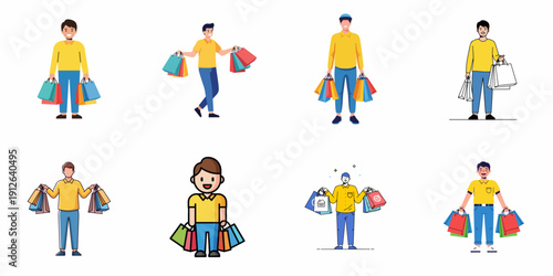 Collection of eight happy young men illustrations carrying numerous colorful shopping bags after successful retail purchases.