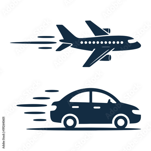 Modern Transport Icon: A sleek illustration of a plane soaring through the air and a car speeding along the road, symbolizing rapid movement.