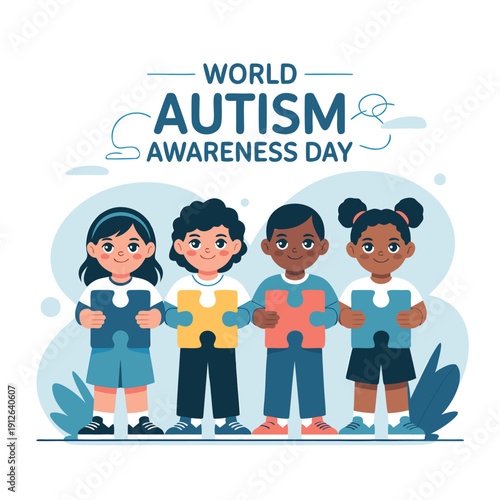 A diverse group of children holding puzzle pieces promotes world autism awareness day fostering inclusivity