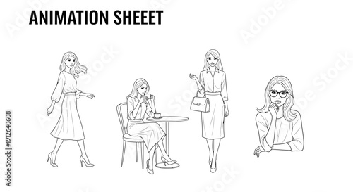 Fashionable Woman Animation Sheet: Walking, Sitting, Standing Poses