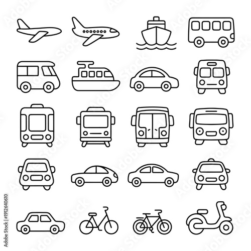 Transportation Icon: A collection of simple, black-and-white icons of diverse transportation methods, perfect for illustrative and design use. The icons cover different types of vehicles.