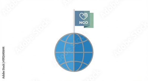 A blue globe with a flag pole displaying a blue NGO flag with a heart and hand icon, and a green flag, on a white background.