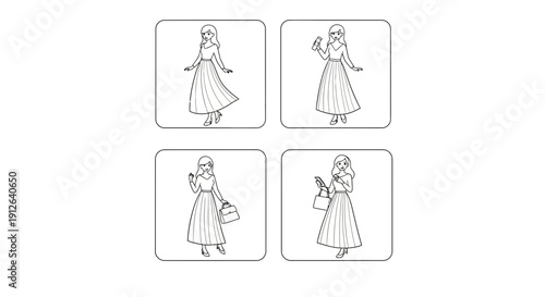 Fashionable Woman Poses: Sketch Style Collection of Four Outfits