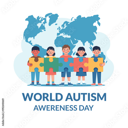A diverse group of children connect puzzle pieces in front of a world map promoting autism awareness