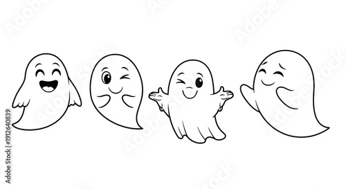 Cute ghost characters with different expressions, perfect for Halloween and spooky themes.