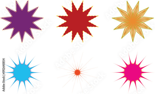 Six unique star shapes display varying spiky edges and distinct colors on a white field