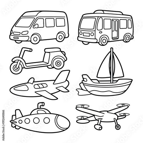 Transportation Collection: A curated set of diverse transportation vehicles, each one representing a unique mode of travel for land, sea, and air.