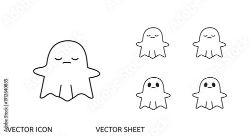 Cute Ghost Icons Set, Vector Illustration, Halloween Character Collection