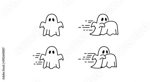Cute Ghost Icons: Static and Moving, Simple Line Art for Halloween and Spooky Themes