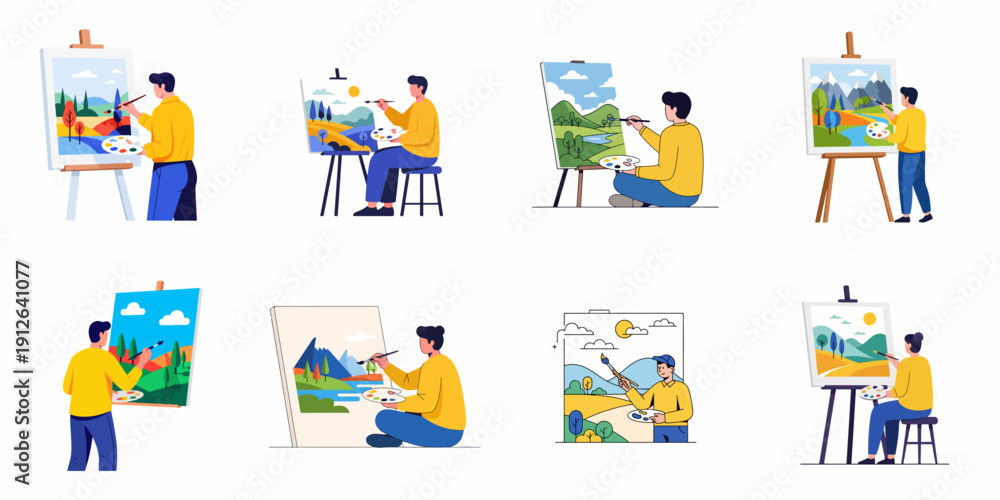 Fototapeta premium Collection of illustrations featuring artists painting colorful natural landscapes on easels outdoors, showcasing creativity and art hobbies.