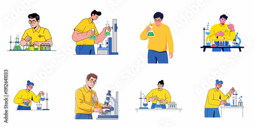 Set of diverse vector illustrations featuring researchers conducting chemical and biological experiments in a lab using scientific equipment.