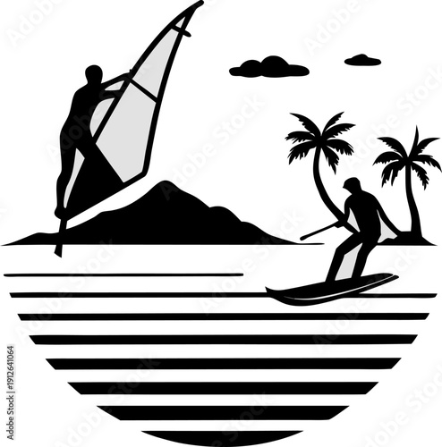 Silhouette of windsurfers and kiteboarders on a tropical beach with palm trees Vector