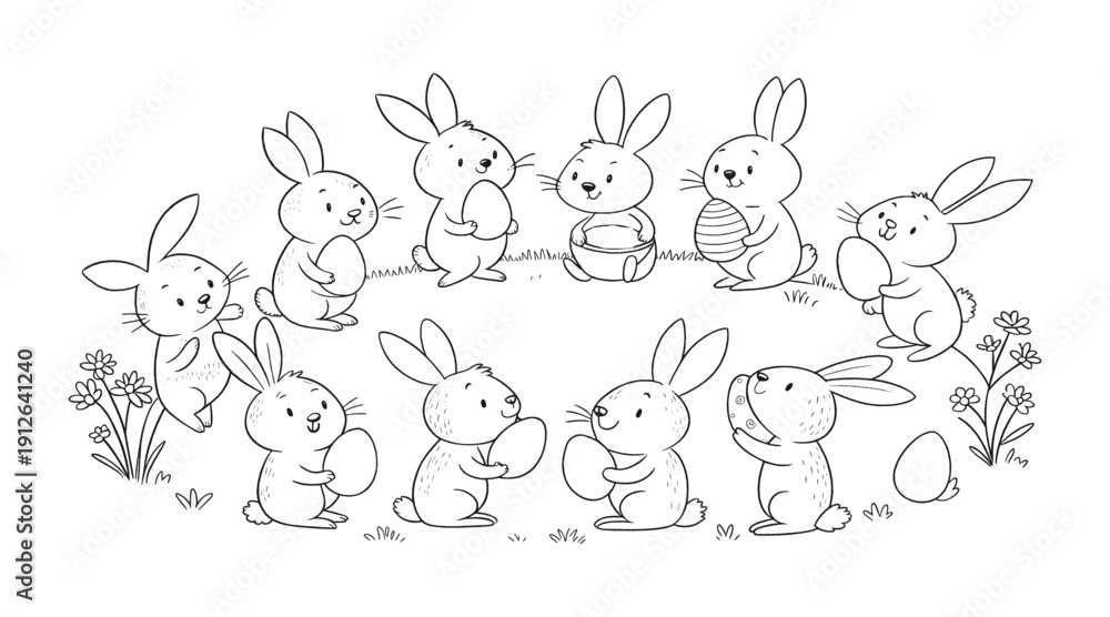 Fototapeta premium Cute Easter bunnies circle composition line art vector illustration coloring page design