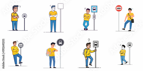 Collection of frustrated and impatient young men waiting at bus stops, illustrating public transport delays, schedule issues, and commuter anger.