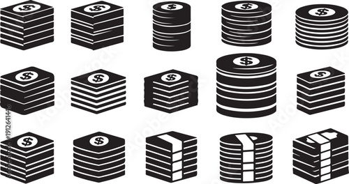 Stacks of money and coins in various forms depicted
