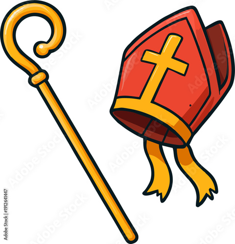 Cartoon Bishop Mitre and Golden Crozier Crosier Staff Vector Illustration Catholic Religious Icons