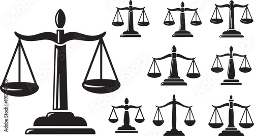 Set of black and white scales of justice illustrations