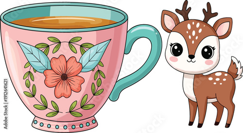 Cute teacup and baby deer vector illustration with floral mug design, kawaii cartoon style, cozy aesthetic, woodland character, and charming nursery decor