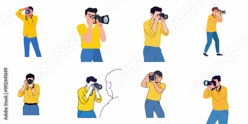 Set of Eight Illustrated Poses of a Man Taking Photos with a DSLR Camera, Representing Photographers, Journalism, Hobby, and Media Professionals.
