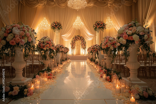 Elegant wedding aisle adorned with flowers, candles, and chandeliers in a luxurious golden-hued banquet hall.