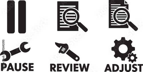 Black and white icons for pause review adjust tools