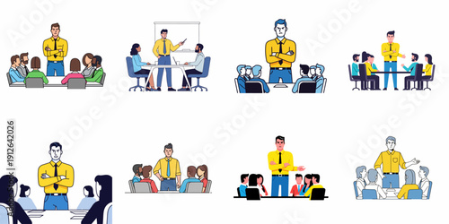 Collection of flat vector illustrations depicting a serious manager or boss leading various business meetings, team discussions, and corporate presentations.
