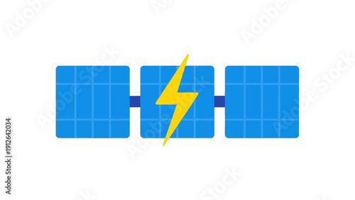 Flat Vector Icon of Solar Panels Connected with Lightning Bolt. Sustainable Energy Production and Green Technology Symbol