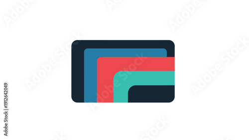 Modern Abstract Layered Geometric Background with Rounded Corners in Blue, Red, and Teal Colors